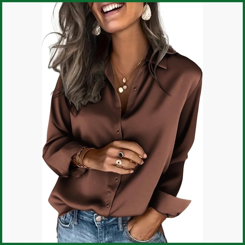 Satin Button Down Shirt Long Sleeve Business Casual Blouse - Picture 1 of 6
